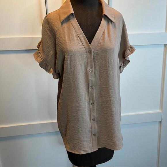 Pleione Tops - Pleione Chic Beige Button-Up Blouse with Ruffled Sleeves
